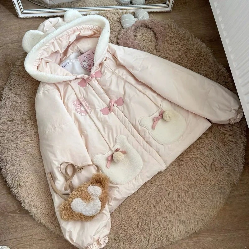 

Новая японская стеганая куртка Kawaii с медвежонком, осень-зима, милое свободное теплое пальто, розовое Harajuku, модная одежда с карманами, 2025