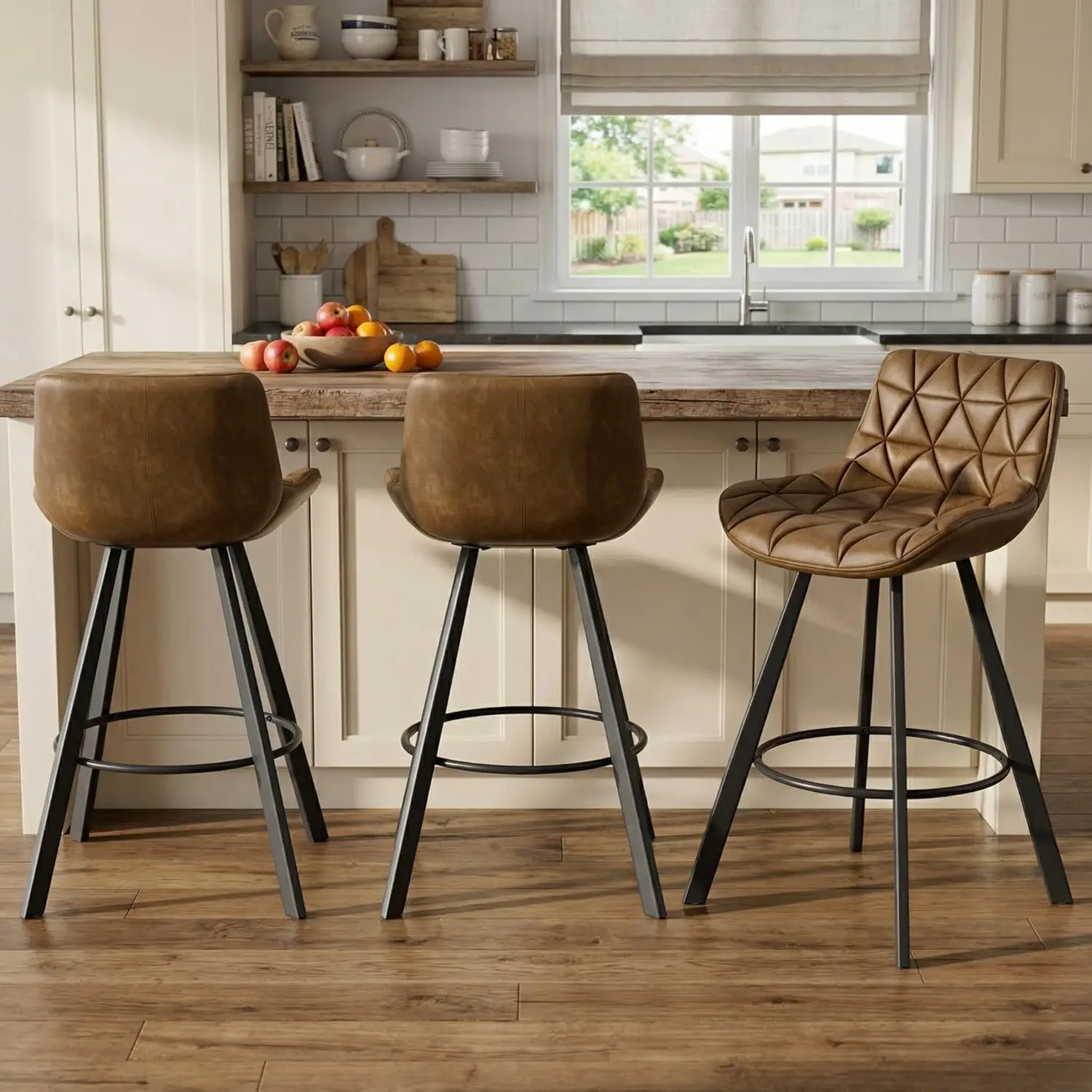 

Набор барных стульев высотой 26 дюймов из 3 алмазных тафтинговых искусственной кожи с металлическими ножками на спине, кухонный остров, коричневый, по индивидуальному заказу