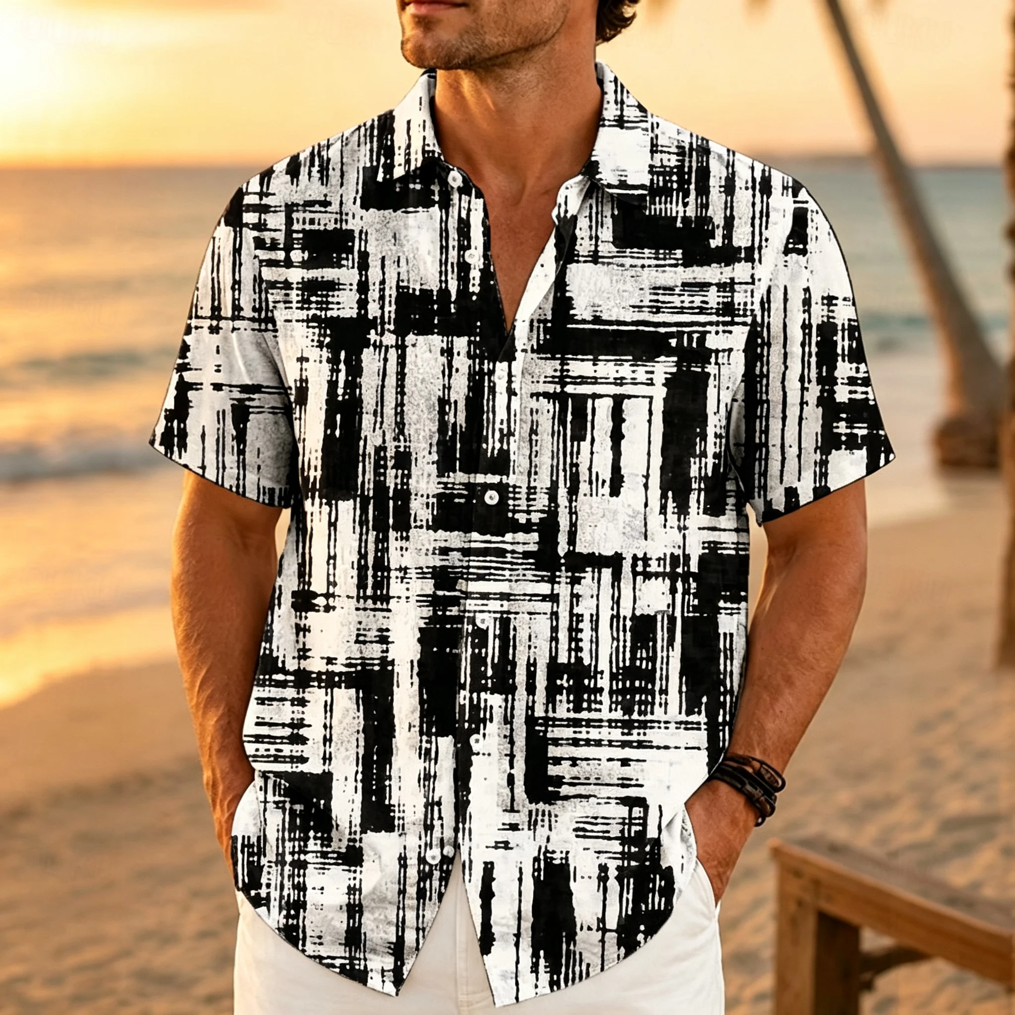 Men's Short-Sleeve Shirt: White Base with Black Vertical Brush-Stroke Stripes, Graffiti-Style Collar-Trendy Casual Vacation To