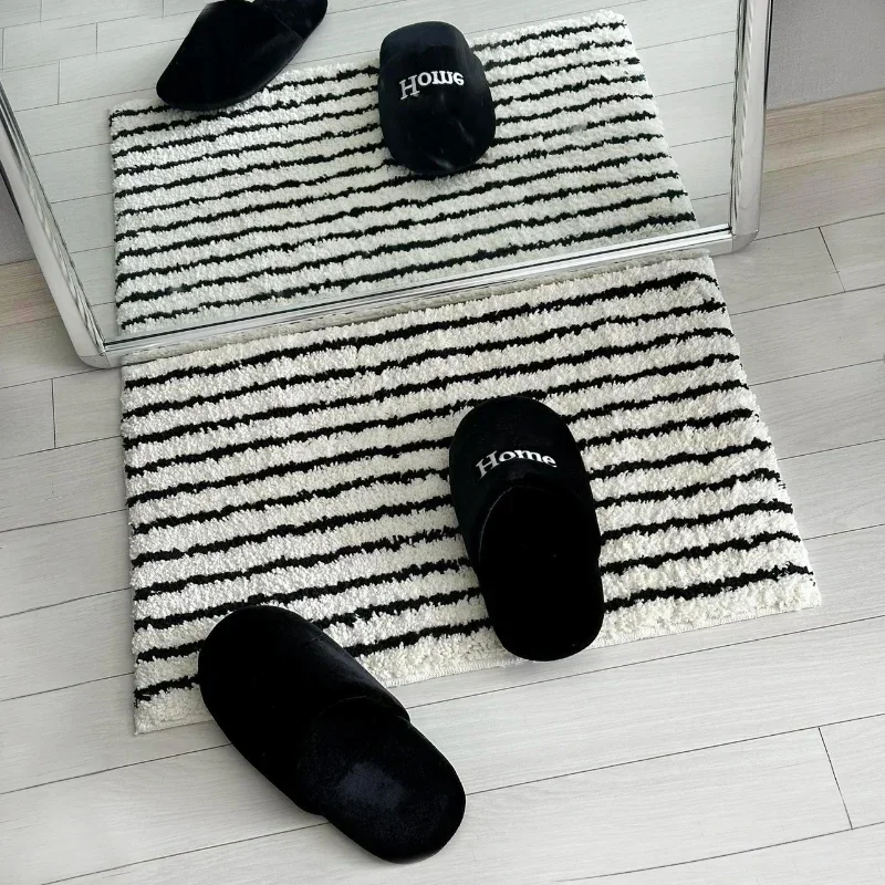 Flocking Striped Rugs for Bedroom Bedside Soft Plush Entrance Door Mat Simple Style Anti Slip Living Room Carpet Area Rug Decor