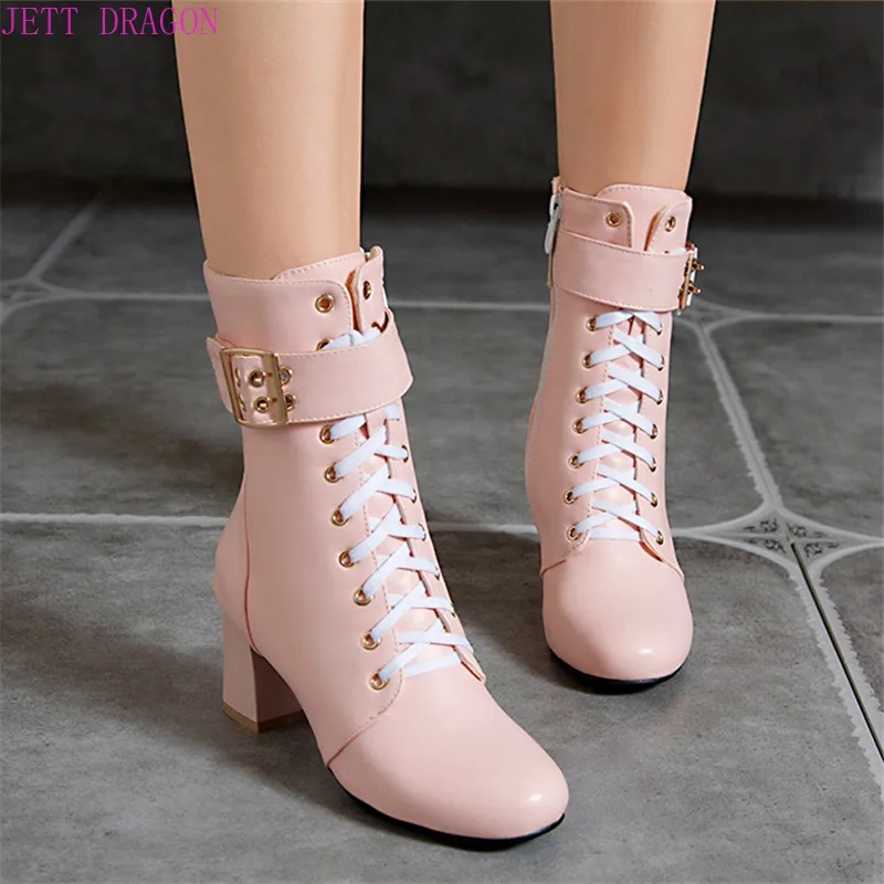 2024 Autumn Women Boots Square High Heel Ankle Boots Fashion Round Head Buckle Winter Zipper Boots Female Shoes Black White Pink