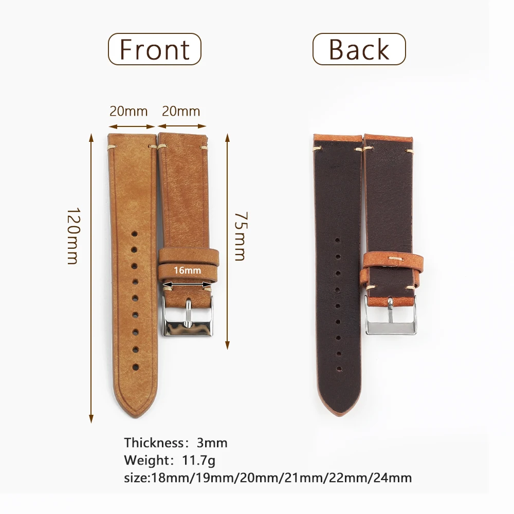 Vintage Handmade Genuine Leather 18mm 19mm 20mm  21mm 22mm Watch Strap for Men Wristband First Layer Cow Leather Watch Strap