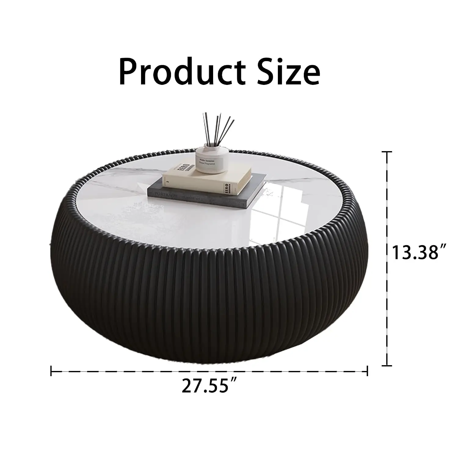 Round Marble Coffee Table Fluted White Stone Top Black Leather Drum Center Table Living Room, Customized