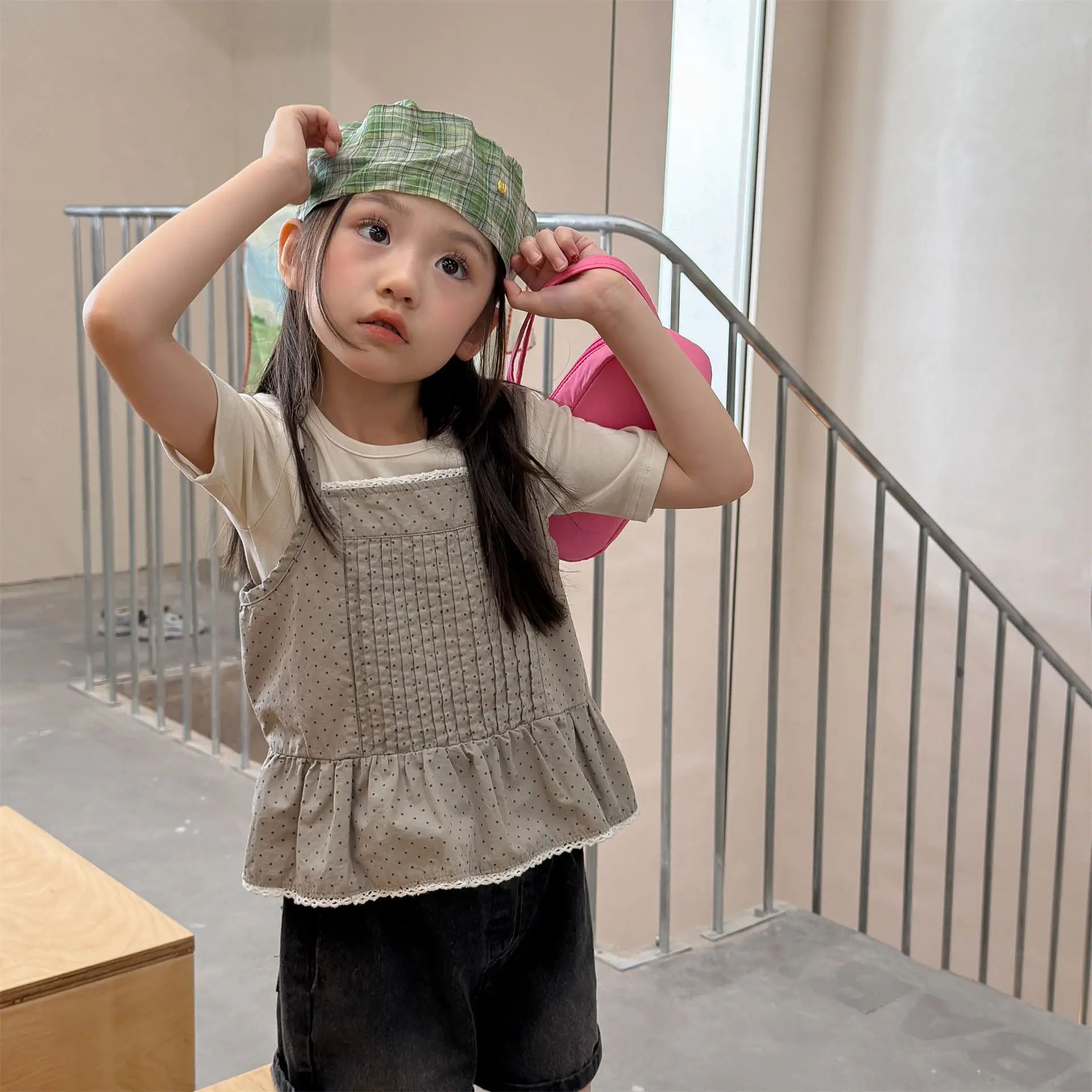 2026 Summer Toddlers Girls Suspenders Shirts Pleated Ruffles Lace Strap Tops Korean Style Children Cute Blouses  1 2 3 4 5 6 Y