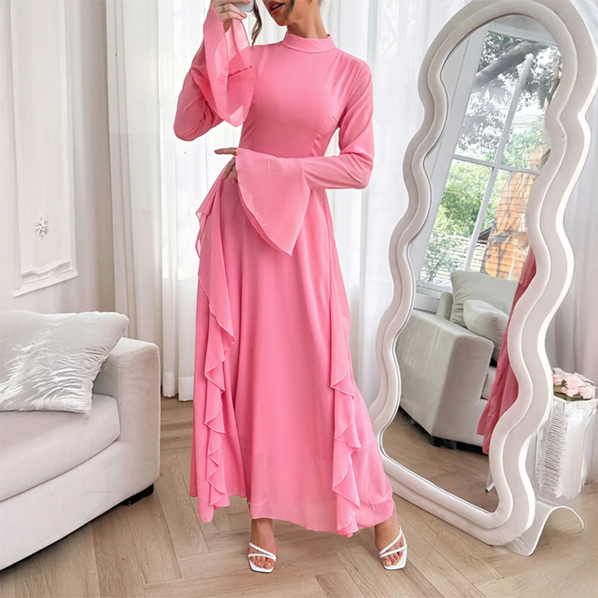 

2025 Women's Fashion Spring and Summer Latest Elegant Temperament, Round Neck Semi Transparent Women's Long Skirt Dress