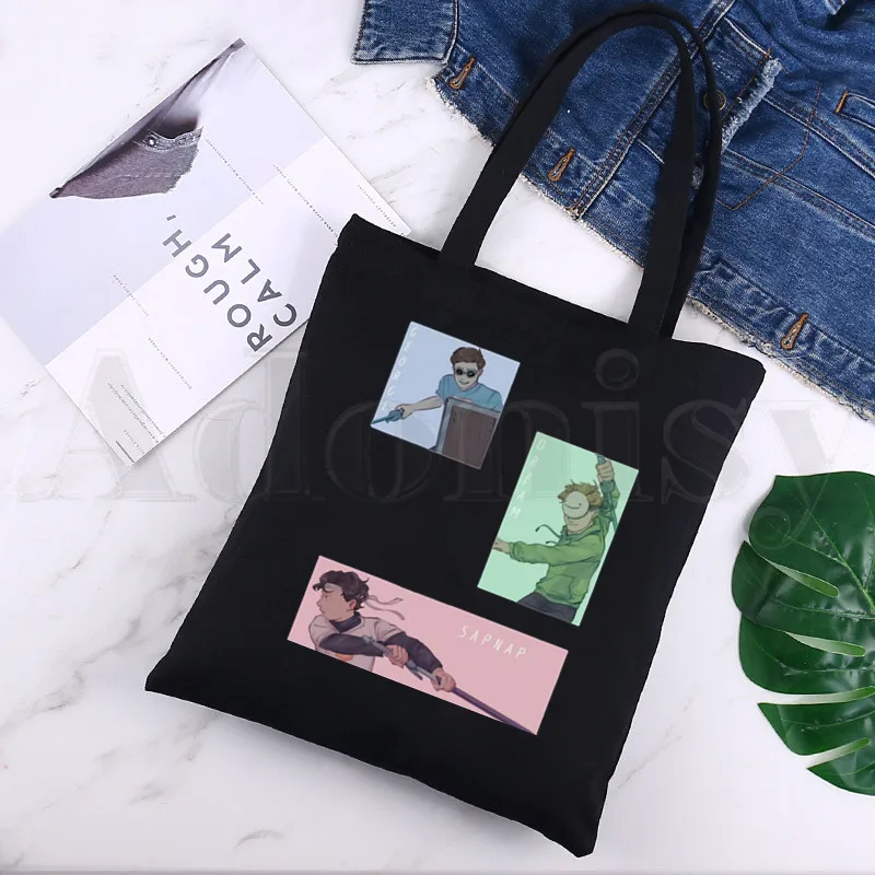 Dream Smp Aesthetic Kawaii Game Graphic Black Canvas Print Shopping Bags Girls Fashion Life Casual Pacakge Hand Bag