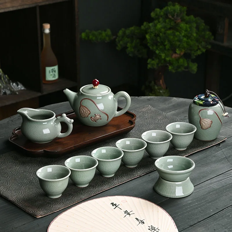 

Ge Kiln Tea Set, Home, High end Office, Chinese Ceramic Tea Pot, Tea Cup, May Day Dragon Boat Festival Practical Handholding Gif