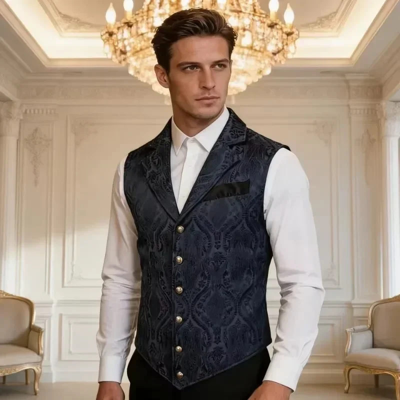Herren-Westen im viktorianischen Stil mit Blumenmuster, aus Jacquard, mit Reverskragen, einreihig, schmal geschnitten, als formelle Weste für Hochzeiten, Bankette und Partys. – Detail 4