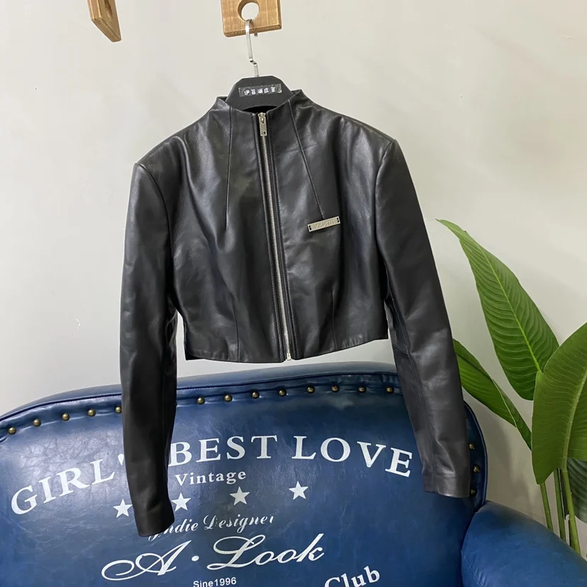 Trendy hoge taille rits echt leer motorfiets Jaet dames oulderpad Super ort eepskin jas Jaet