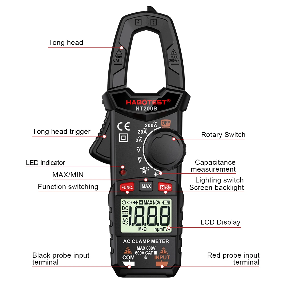 HABOTEST HT200 Digital Clamp Meter T-RMS 2000 Counts Multimeter AC/DC Voltage Tester Auto-ranging Current Capacitance Voltmeter