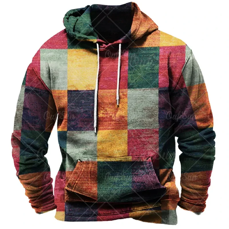 Vintage Hoodies For Men 3d Plaid Print Colorful Hoodie Sweatshirts Long Sleeve Pullovers Street Mens Clothes Casual Unisex Tops