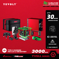 YEVOLT Laser Level 3-Plane Green 12-Line YVGLL4XS12-Series Self-leveling 360 3D Horizontal & Vertical Power Measuring Tool