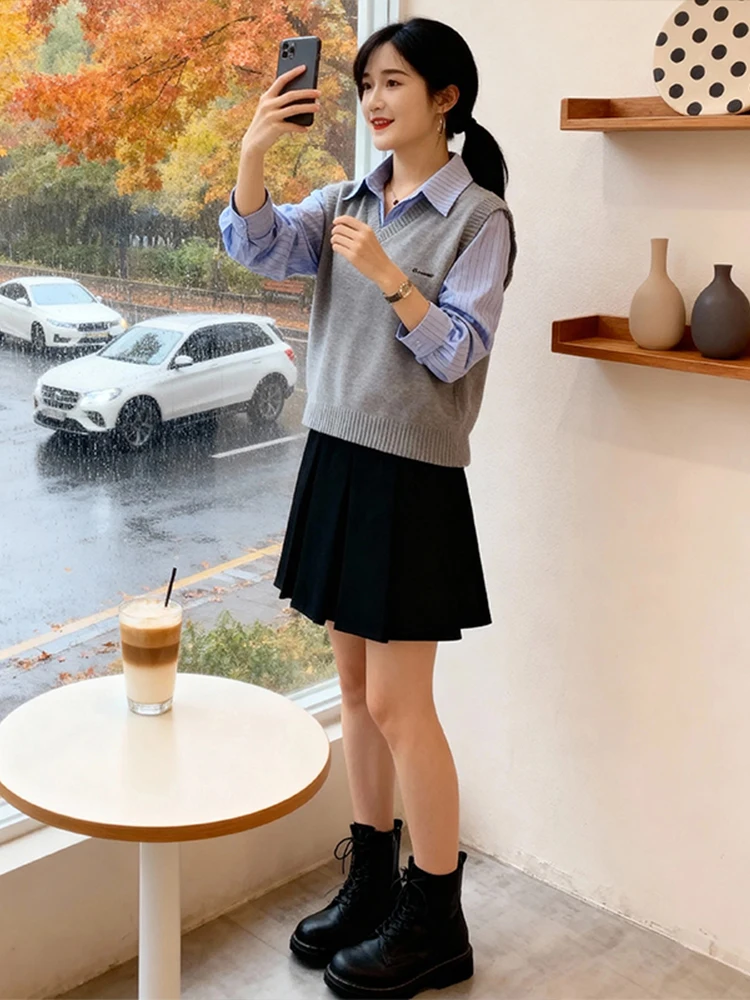 Ele suéter de malha falso de duas peças feminino sle preguiçoso simples emagrecimento topo commute faion mid-Thi longo sve v-ne