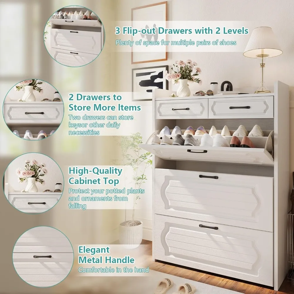 Shoe Cabinet with 3 Flip Drawers and 2 Storage Drawers, Shoes Organizer Cabinets with Adjustable Divider, Hidden Shoe Stor