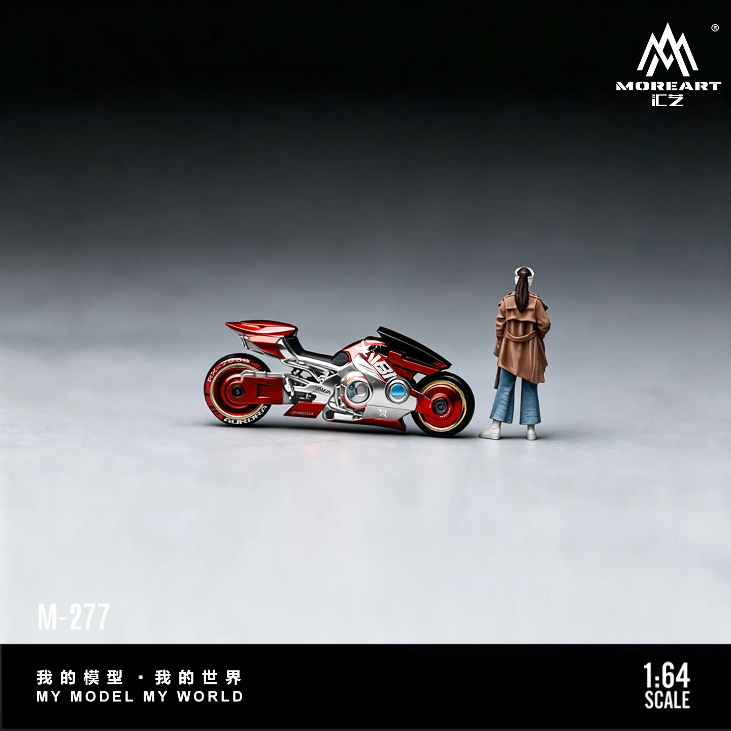 *Pre-Order*MoreArt 1:64 Futuristic Red Silver Motorcycle And Figure Resin Miniature Model Diorama Decor Hobby Collectible