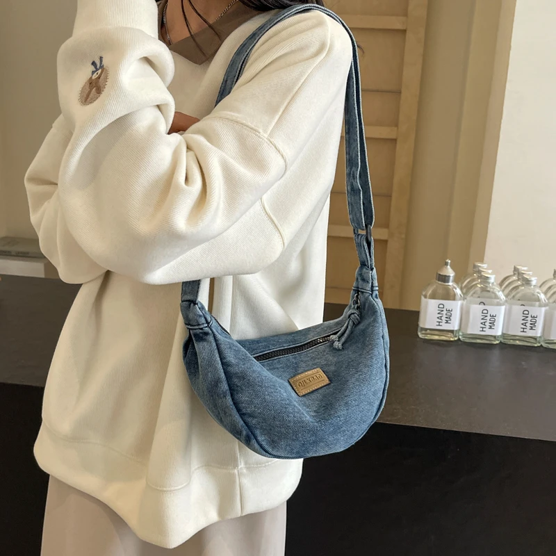 Denim Women's Bag 2024 New Jeans Messenger Bag Y2K Shoulder Bag Eco Bag Korean Shopping Satchels Half Moon Canvas Handbags Hobos