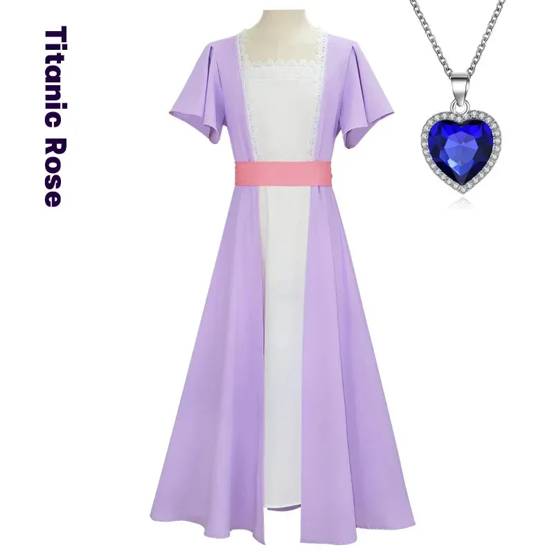 

Movie Cosplay Rose Costume Tea Party Light Purple Elegance Dress Blue Heart Necklace Suit Women Halloween Role Play Outfits