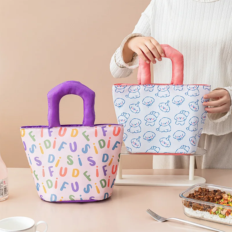 Niedliche tragbare Thermotasche mit großer Kapazität, verdickte Frischhalte-Lunchbox-Tasche, handbedruckte Bento-Box-Tasche für die Mittelmahlzeit