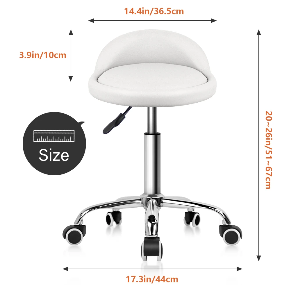 KKTONER PU Leather Round Rolling Stool with Back Rest Height Adjustable Swivel Drafting Work SPA Task Chair with Wheels