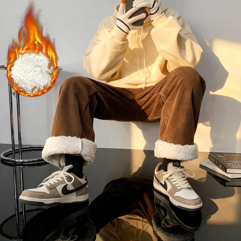 Thick Lamb Fleece Men's Pants Winter Loose Korean Street Baggy Warm Premium Velvet Trousers Straight Leg Wide Leg Wool Hot Pants