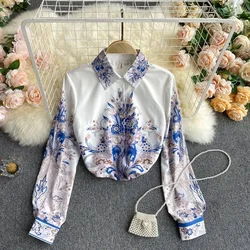 Spring New Hit Color Blouse Female Lapel Temperament Printing Blusa Single-breasted Slim Loose Large Size Shirt C521