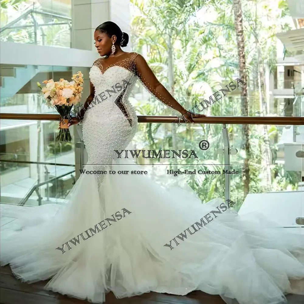

Sparkly Mermaid Wedding Dresses For Bride Customized O Neck Illusion Long Sleeves Bridal Gowns Crystals Beaded Women Party Dress
