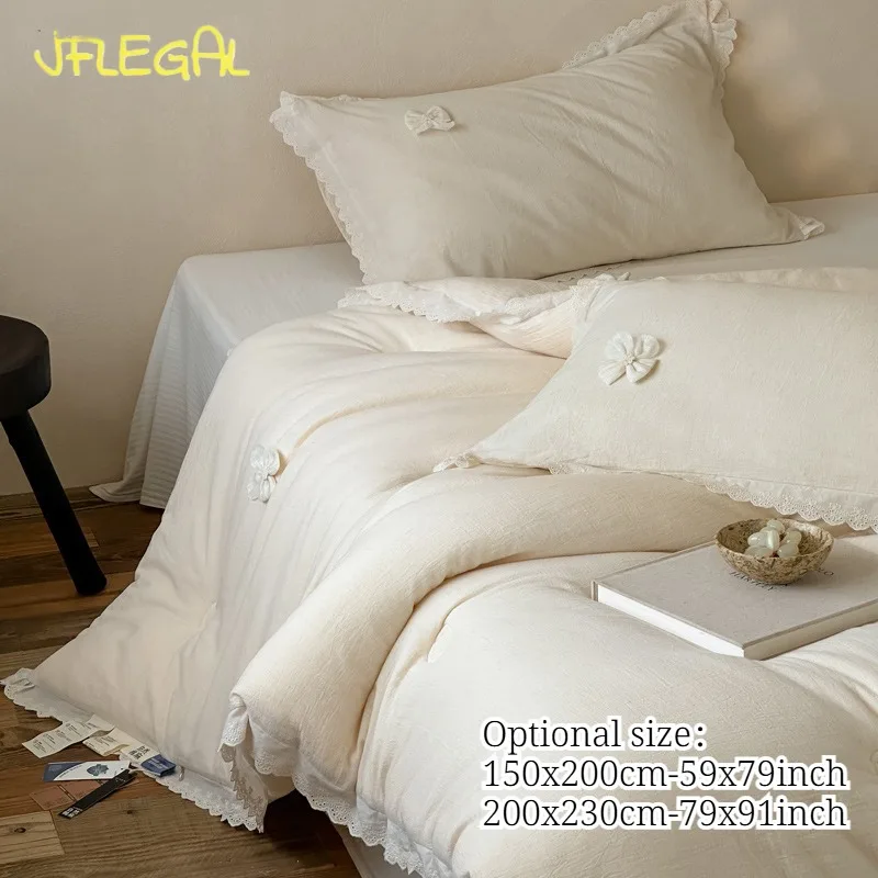 

JFLEGAL Skin-Friendly Linen-Like Cream Comforter Lace Bow Trim Breathable Bed Quilt Hypoallergenic All Season Bedding