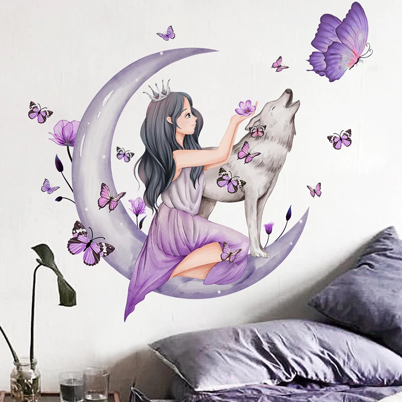 Flower Butterfly Moon Girl Wall Sticker  Decorative Wall Stickers For Living Room Rooms  Draw Self-adhesive Walls Stickers