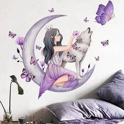 Flower Butterfly Moon Girl Wall Sticker  Decorative Wall Stickers For Living Room Rooms  Draw Self-adhesive Walls Stickers