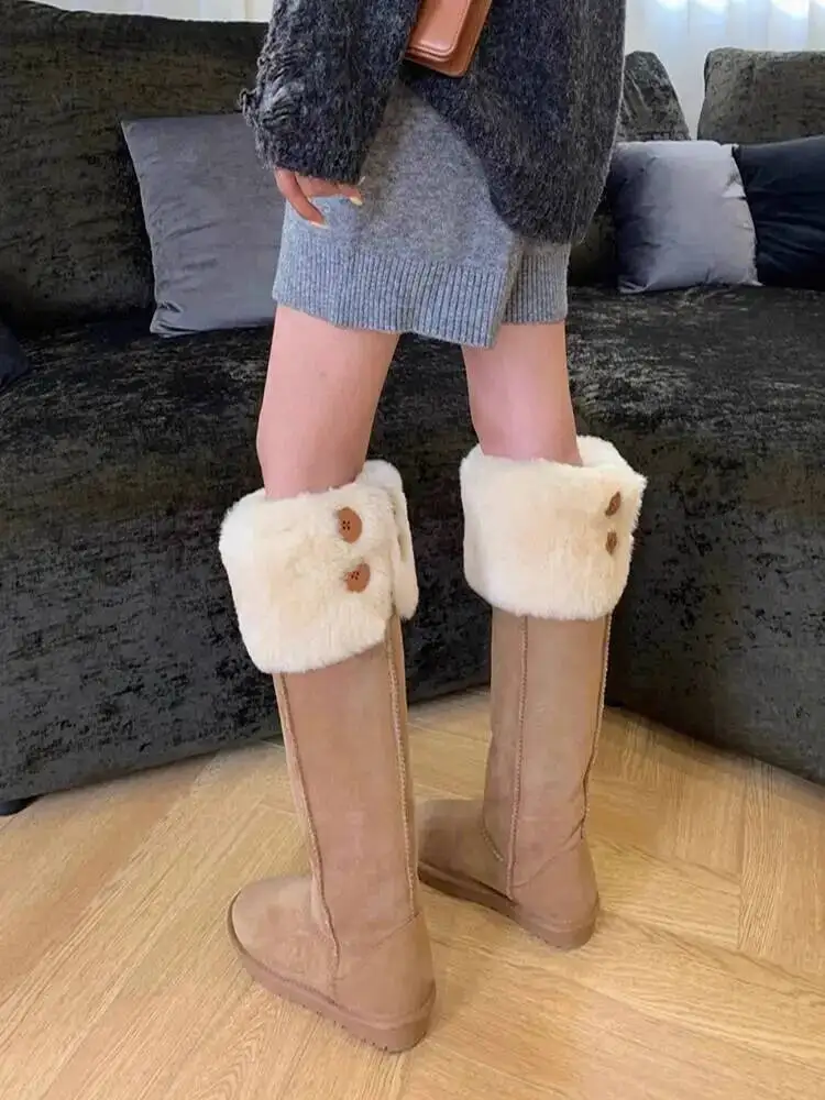 

women boots 2025 Winter Women's Furry Cuffed Snow Boots Fleece Lined Long Calf Boots Thickened Knee High Calf Snow Boots