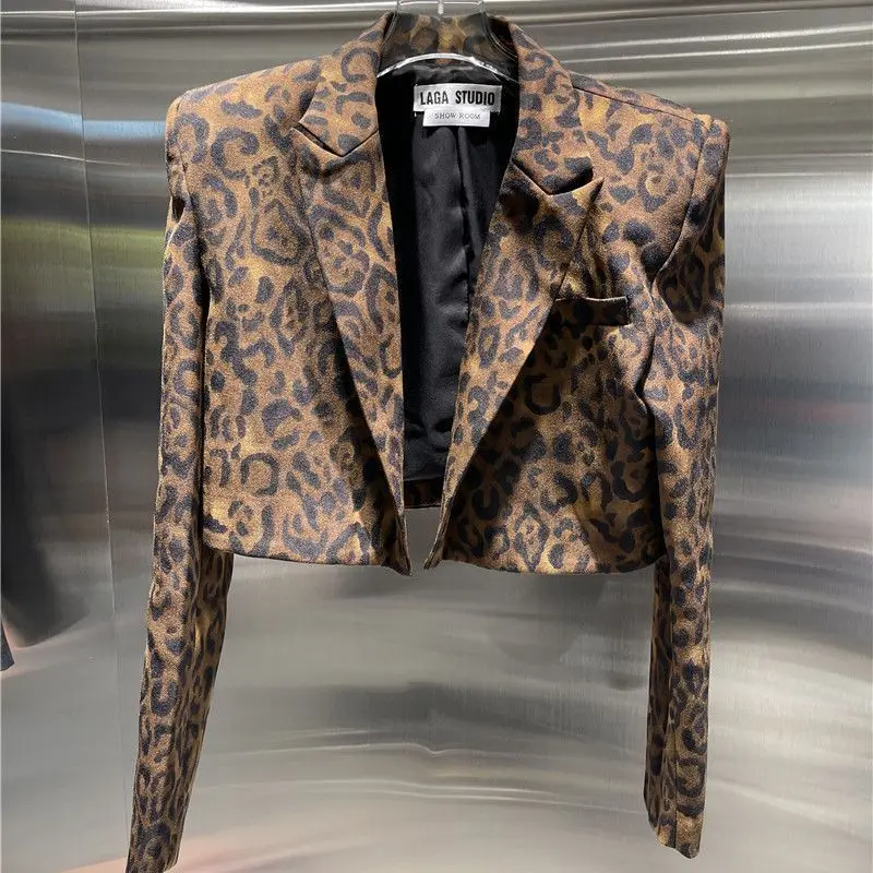 Women Spring Leopard Printed Blazers Jacket Slimming Long Sleeved Suit Jacket Coat OL Turn Down Collar Cardigan High Waist Tops