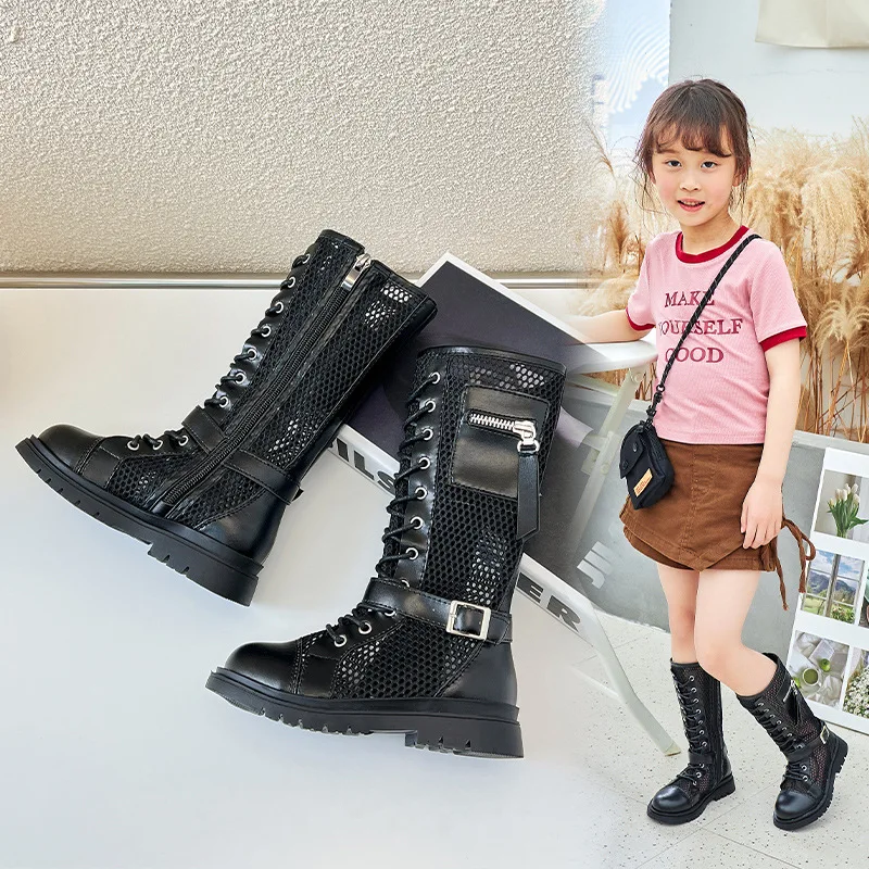 Girls High Boots Breatheable Pocket Buckle Kids Fashion Casual Shoes 2023 Summer New Children Chic Princess Catwalk Shoes Simple