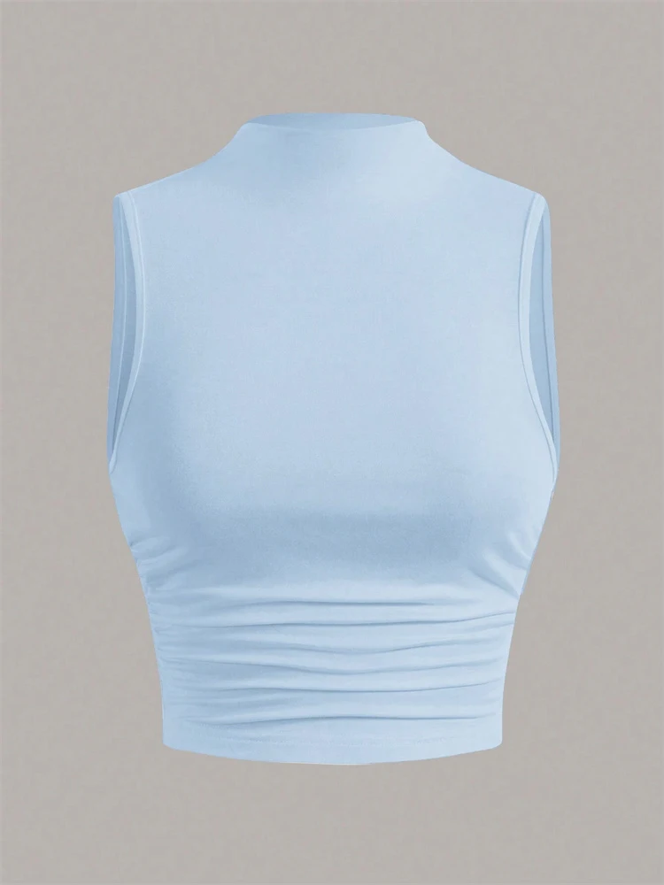 Casual Mock Neck Sleeveless Tank Top for Women Summer Sexy Solid Color Slim Fit Stand Collar Crop Top Streetwear 2024