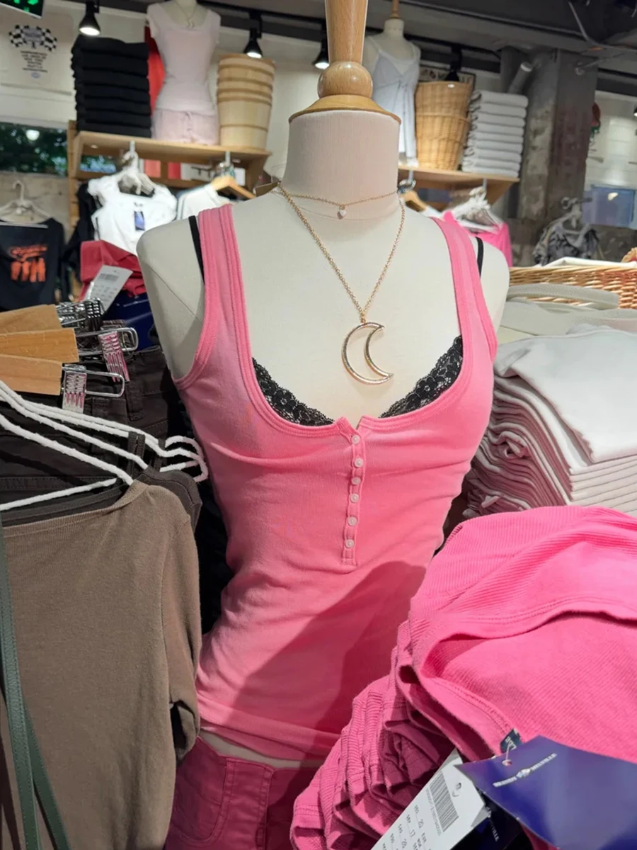 Peachy Pink Basic Slim Tank Tops Woman Summer U Collar Sleeveless Cotton Camisole Female Solid All-match Buttons Tops Y2k Vest