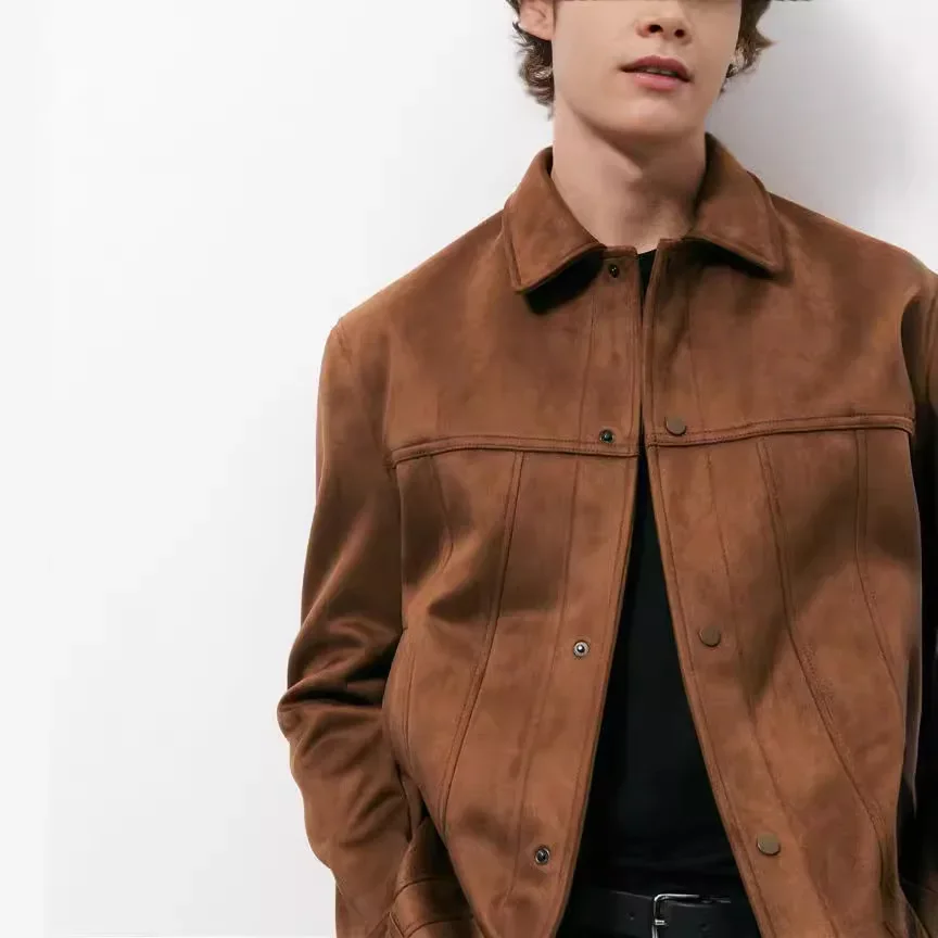 Men\'s Wear Suede Lapel Jacket Fashion Solid Long Sleeve Mens Coat