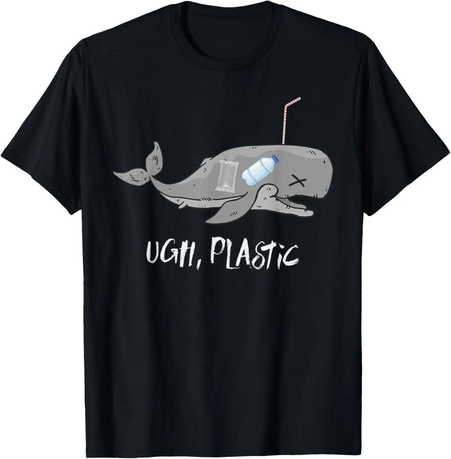 Ugh Plastic Whale Graphic Tee Save Oceans Pollution Awareness Cotton Crew Neck T-Shirt