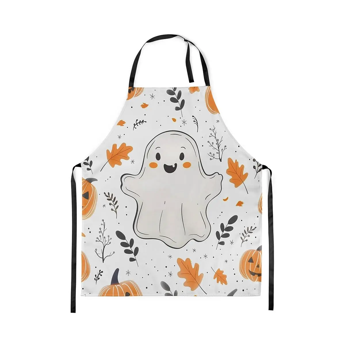 

Cartoon Hippie Ghost Kitchen Apron Orange Black Leaves Pumpkin Apron for Adults Happy Halloween Rustic Waterproof Apron