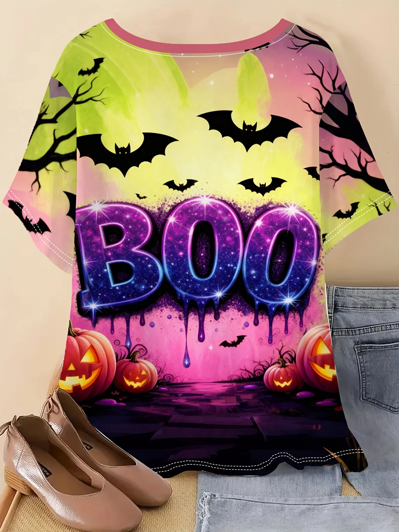 2026 Women Round Neck Short Sleeve Tee T-shirts Halloween Boo Pumpkin Graphic Print Casual Summer Daily Top Women's Clothes