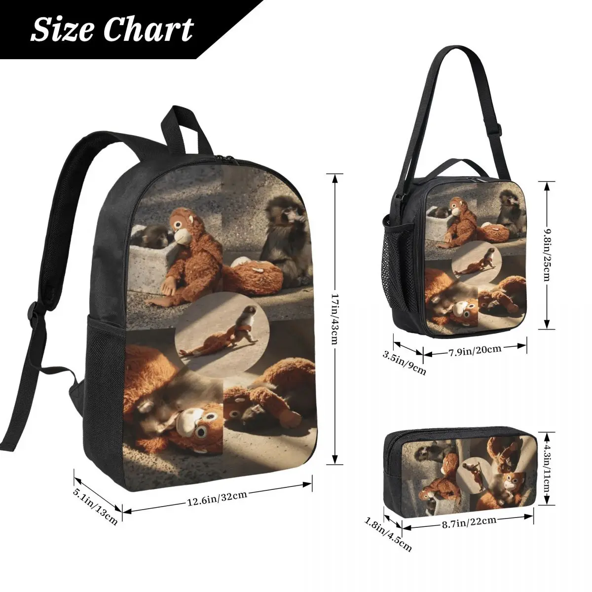 3Pcs Monkey Punch Baby Monkey Holding Toy Backpack Set for Kids Pencil Boxes Bookbag Sets with Lunch Box