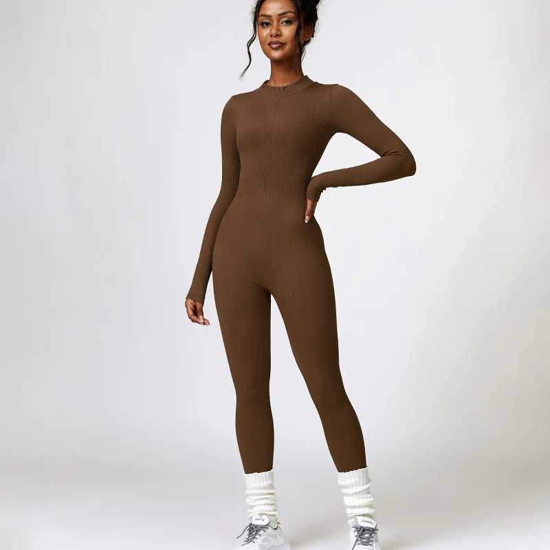 DANCEFISH Tight Long-Sleeved Jumpsuit Women High-Intensity Rib Seamless Stretch All-In-One With Zipper Fitness Aerial Yoga Suit