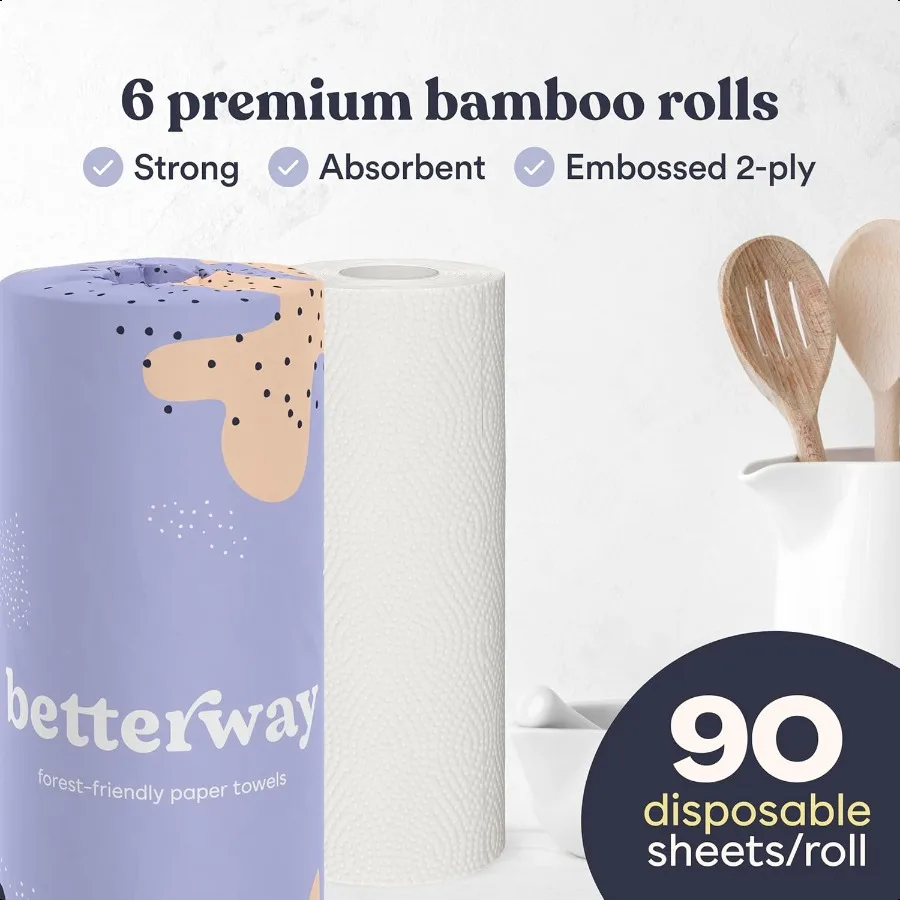 Toallas de papel de bambú, 6 rollos, 2 capas, sin plástico, toallas de papel de cocina, tamaño seleccionado, sin árboles, compostables, fuerte absorbente, sin tintes