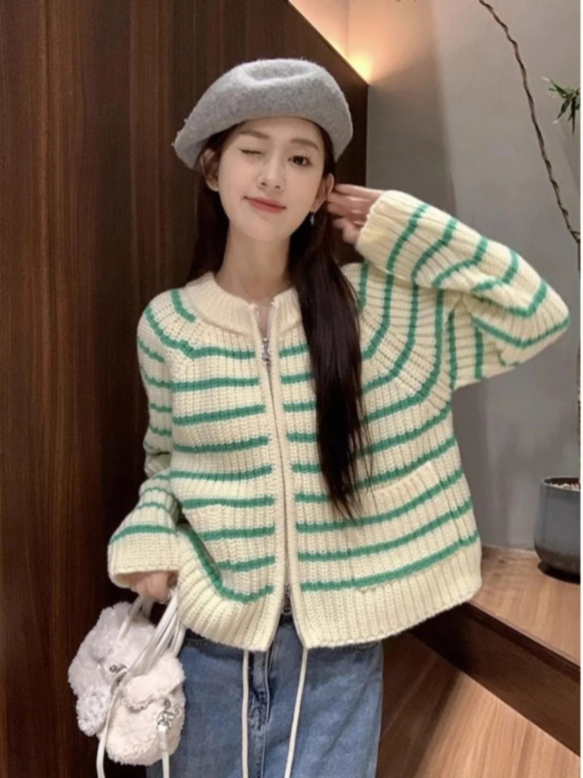 Retro Japanese een Striped Open Cardigan Sweater Women's Spring Autumn Double Zipper Loose Lazy Sle Knitted Top
