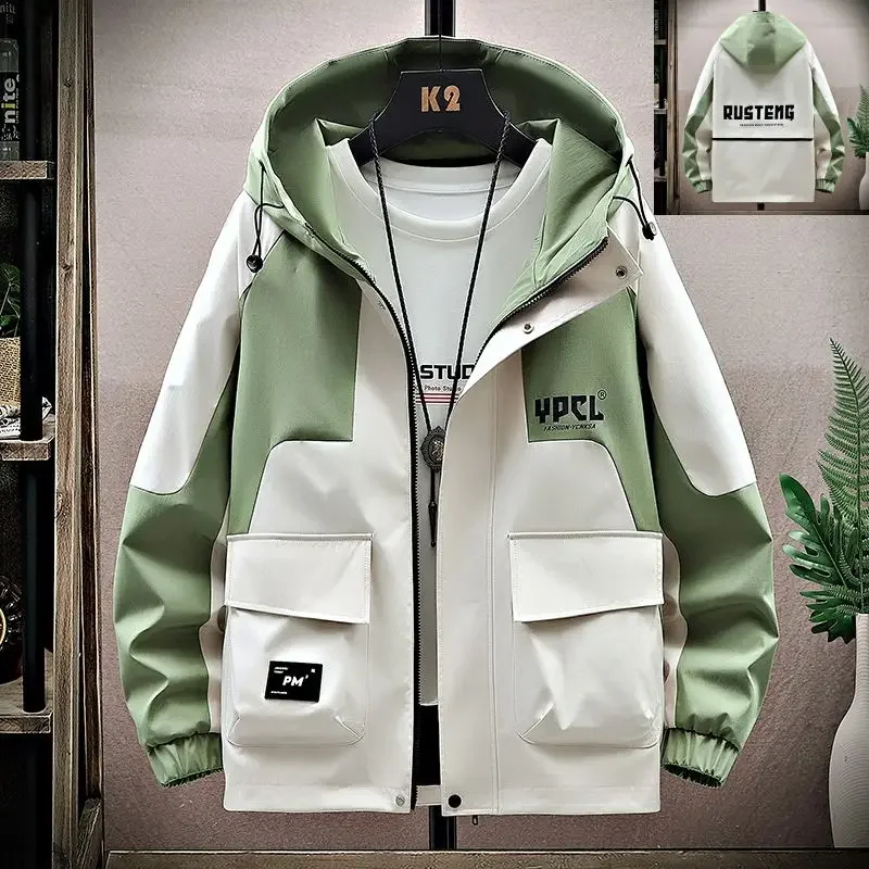Luxury Brand Men Spring Autumn Jacket Patchwork Hooded Zip Sweatshirt Long Sleeve Windbreaker Sportswear Multi-pocket Outerwear