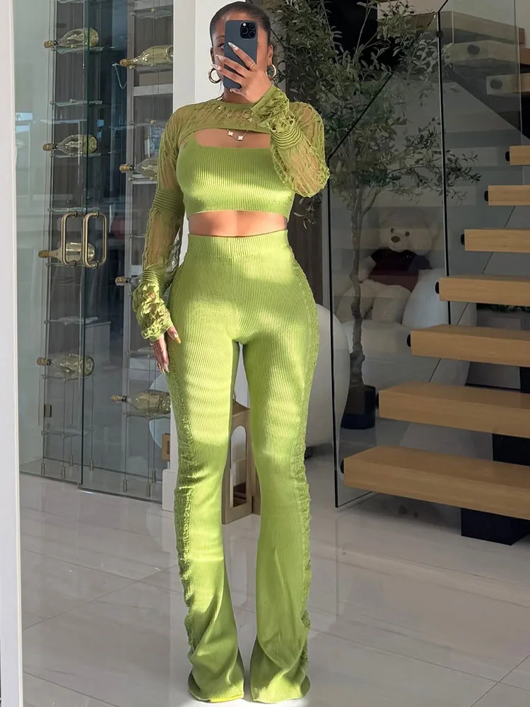 

Doyerl Solid Knit 3 Pieces Set for Woman Festivals Outfit Club WearY2K Long Sleeve Crop Top and Flare Pants New in Matching Sets