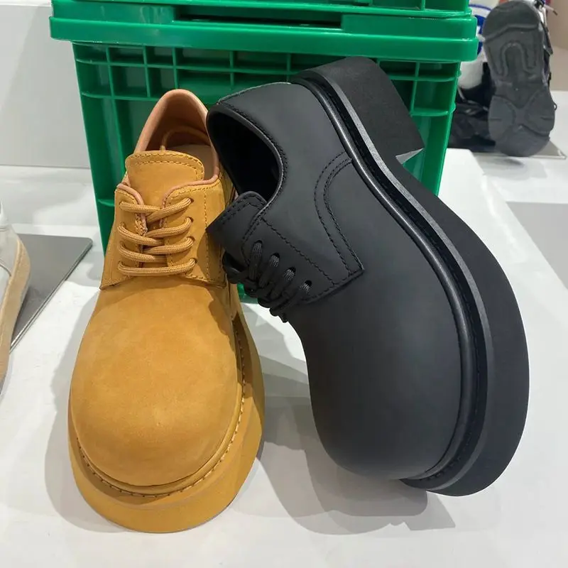 

Casual Leather Shoes Unisex Thick Bottom Heightening British Style Couple's Shoe round Toe Lace-Up Fashionable Flat Footwear