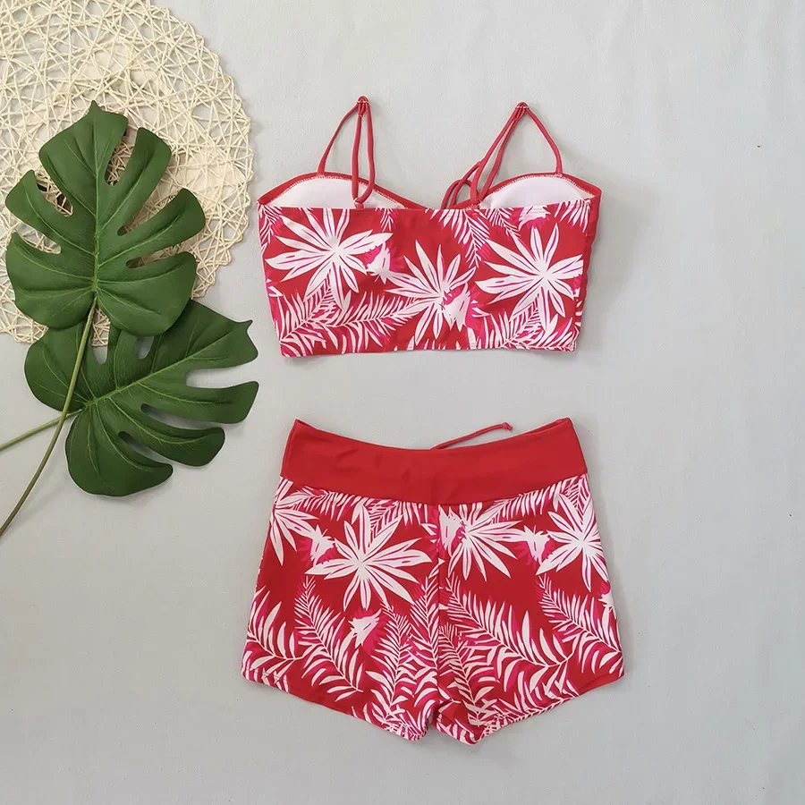 sexy leaves print drawstring vest bikinis shorts sets two pieces swimsuits beachwear bathing suit swimwear biquini tankini