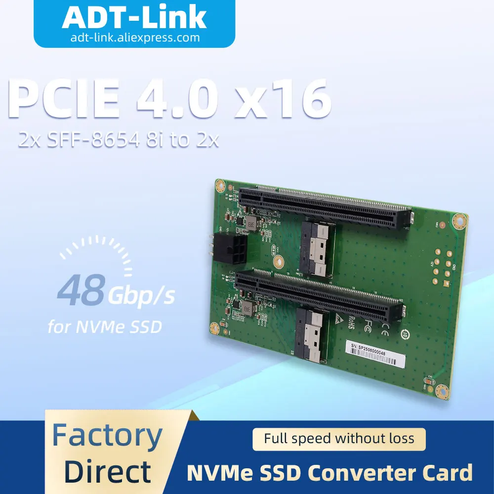 PCIe 4.0 X16 2x SFF-8654 8i to 2x Slot Extension Adapter Riser Card Support GPU Graphics Card High Speed Converter for Server