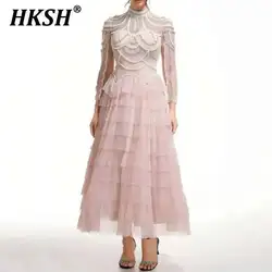 HKSH Fashion Women's Solid Color Beaded Design Dresses Round Collar High Waist Long Sleeve Elegant Dress 2025 Autumn New HK3239