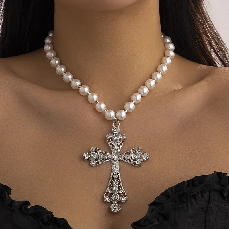 Gothic Chunky Big Cross Pendant Necklace,Pearl Beads Chain Large Crucifix Long Dangle Necklace for Punk Party