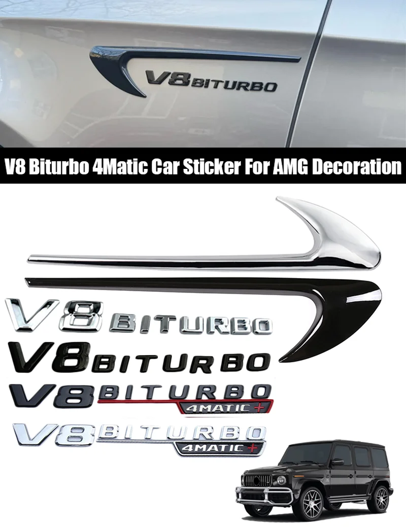 Auto Fender Side V8 BITURBO 4MATIC Abzeichen Emblem Logo Set Chrom Schwarz Für Mercedes Benz C63 E63 G63 C-Klasse – Detail 1